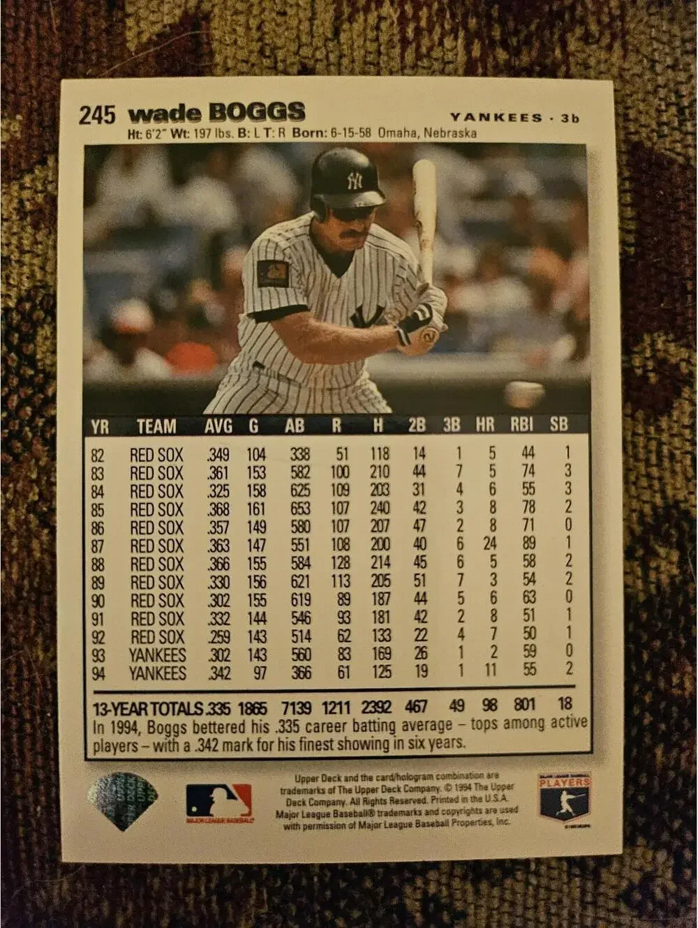 Wade Boggs - HOF - 1995 Collectors Choice SE #245 - Yankees - RAW Mint